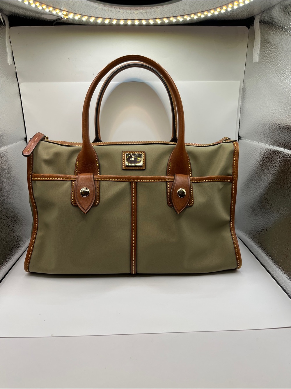 Dooney & Bourke Beige Vinyl Brown Leather-Trim Satchel Gold Hardware Purse Bag